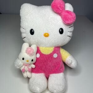Vintage 2004 Sanrio Smiles Hello Kitty Plush 10” Holding Mini Bunny Pink Yellow